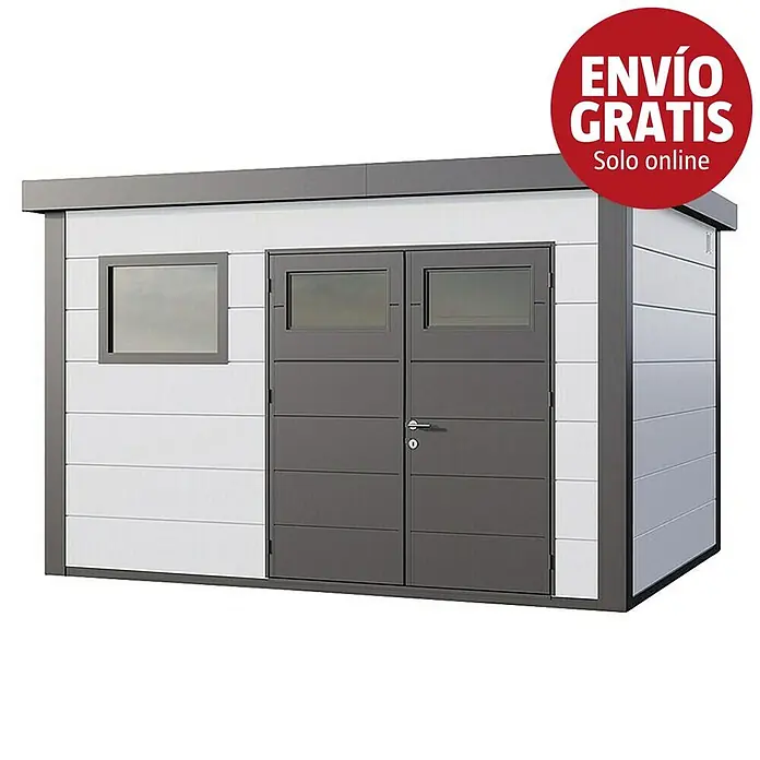 Telluria Caseta para jardín Classico 3930+ - Medidas ext. (An x Pr): 408 x 318 cm, Acero, Blanco/Antracita, Sin set - Caseta de jardín moderna blanca y gris oscuro con doble puerta y ventana.