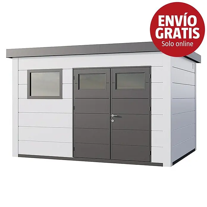 Telluria Caseta para jardín Classico 3930+ - Medidas ext. (An x Pr): 408 x 318 cm, Acero, Blanco, Sin set - Caseta de jardín moderna con paredes blancas y puertas dobles, marcos de ventanas y techo gris oscuro.