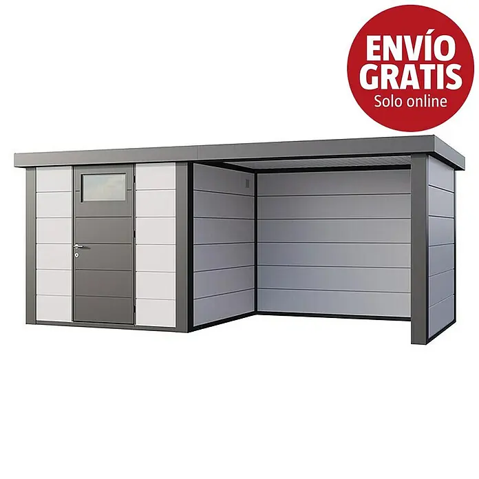 Telluria Caseta para jardín Classico 2424 con salón a la derecha - Medidas ext. (An x Pr): 542 x 258 cm, Acero, Blanco/Antracita, Sin set - Caseta de jardín moderna gris y blanca con carport integrado.