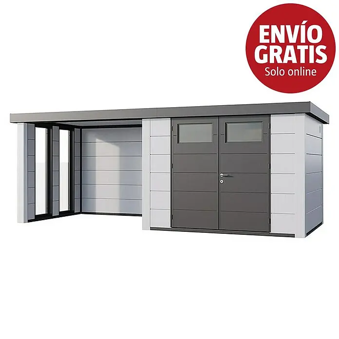 Telluria Caseta para jardín Classico 3024 con salón a la izquierda y 2 ventanas - Medidas ext. (An x Pr): 602 x 258 cm, Acero, Blanco, Sin set - Caseta de jardín moderna gris y blanca con dos puertas y garaje abierto integrado.