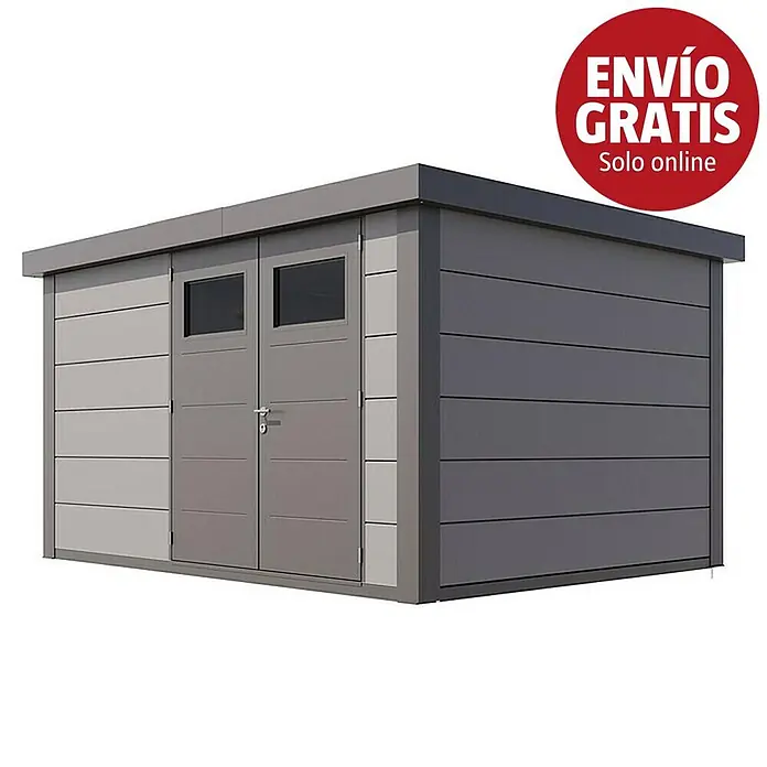 Telluria Caseta para jardín Classico 3930 - Medidas ext. (An x Pr): 408 x 318 cm, Acero, Gris claro/Antracita, Sin set - Cobertizo de jardín de metal gris moderno con puertas dobles y ventanas pequeñas.