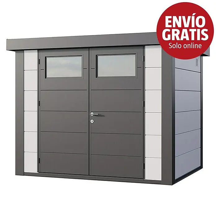 Telluria Caseta para jardín Classico 2721 - Medidas ext. (An x Pr): 288 x 228 cm, Acero, Blanco/Antracita, Sin set - Caseta moderna gris oscuro con dos puertas, cada una con ventana, y paneles laterales verticales blancos.