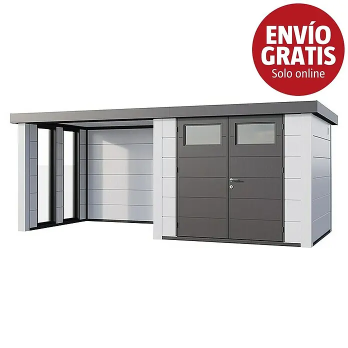 Telluria Caseta para jardín Classico 2724 con salón a la izquierda y 2 ventanas - Medidas ext. (An x Pr): 572 x 258 cm, Acero, Blanco, Sin set - Caseta moderna blanca y gris oscuro con cobertizo/carport adosado.