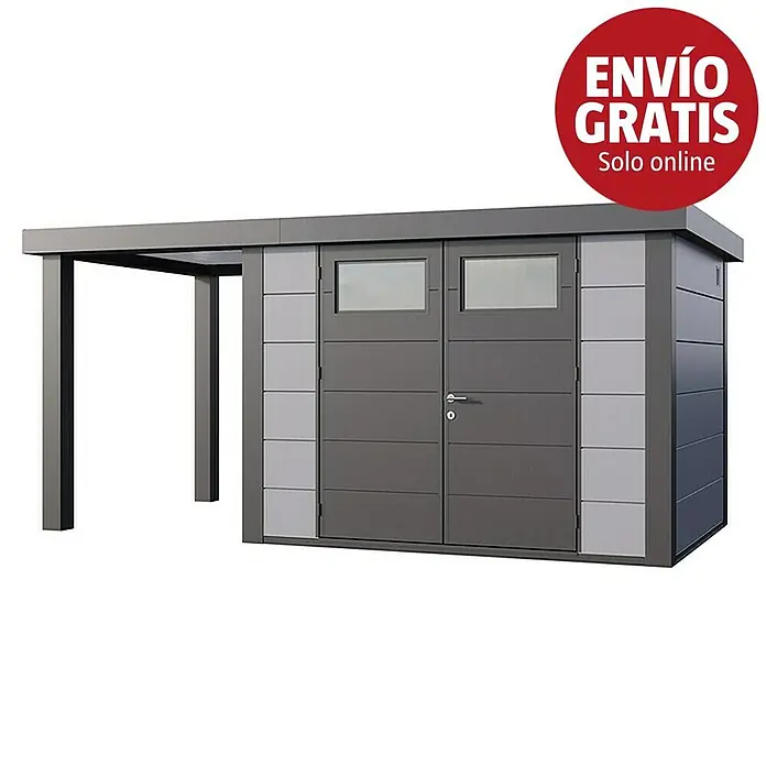 Telluria Caseta para jardín Classico 3024 con salón abierto a la izquierda - Medidas ext. (An x Pr): 486 x 258 cm, Acero, Gris claro/Antracita, Sin set - Caseta de jardín gris oscuro con paneles gris claro y toldo/cochera integrada, con puertas dobles con ventanas.