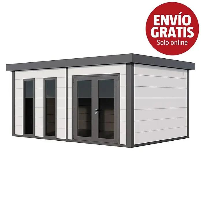 Telluria Caseta de jardín Luminato 5436+ - Medidas ext. (An x Pr): 568 x 388 cm, Blanco/Antracita, Acero, Sin set - Caseta de jardín moderna con paredes blancas y detalles gris oscuro, techo plano, puertas dobles y dos ventanas altas.