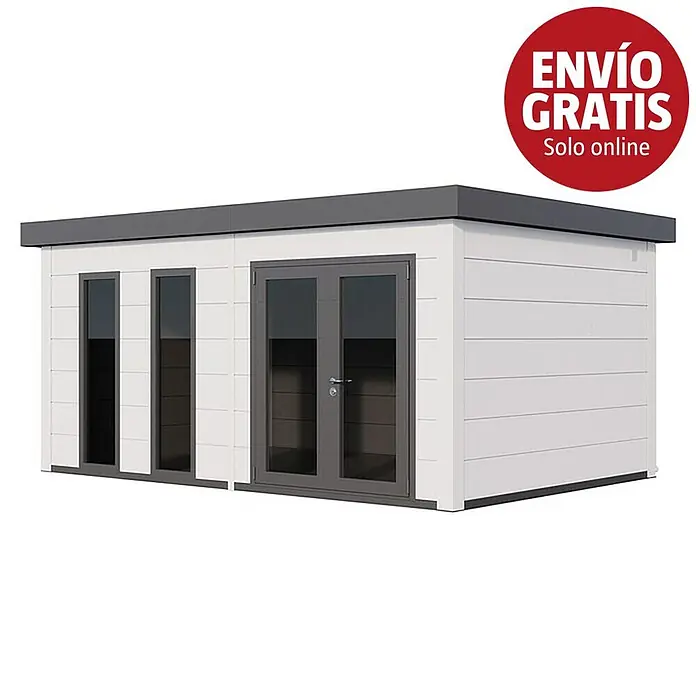 Telluria Caseta de jardín Luminato 5436+ - Medidas ext. (An x Pr): 568 x 388 cm, Blanco, Acero, Sin set - Caseta de jardín blanca con techo gris oscuro, dos ventanas altas y puerta doble.