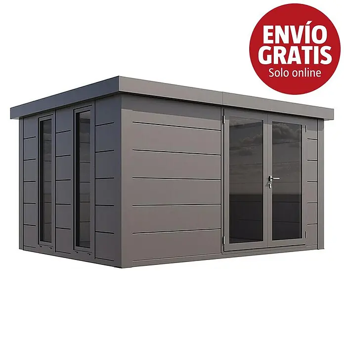 Telluria Caseta de jardín Luminato 3930 - Medidas ext. (An x Pr): 408 x 318 cm, Acero, Antracita, Sin set - Caseta de jardín gris moderna con techo plano, múltiples paneles de ventana y puertas dobles de vidrio.