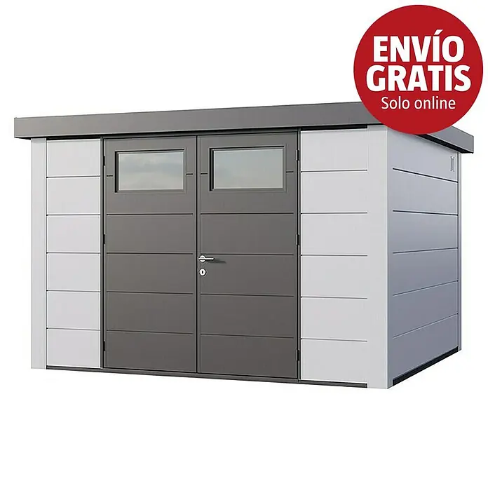Telluria Caseta para jardín Classico 3330 - Medidas ext. (An x Pr): 348 x 318 cm, Acero, Blanco, Sin set - Caseta de jardín moderna con puertas dobles grises, ventanas y paredes de paneles blancos/gris.