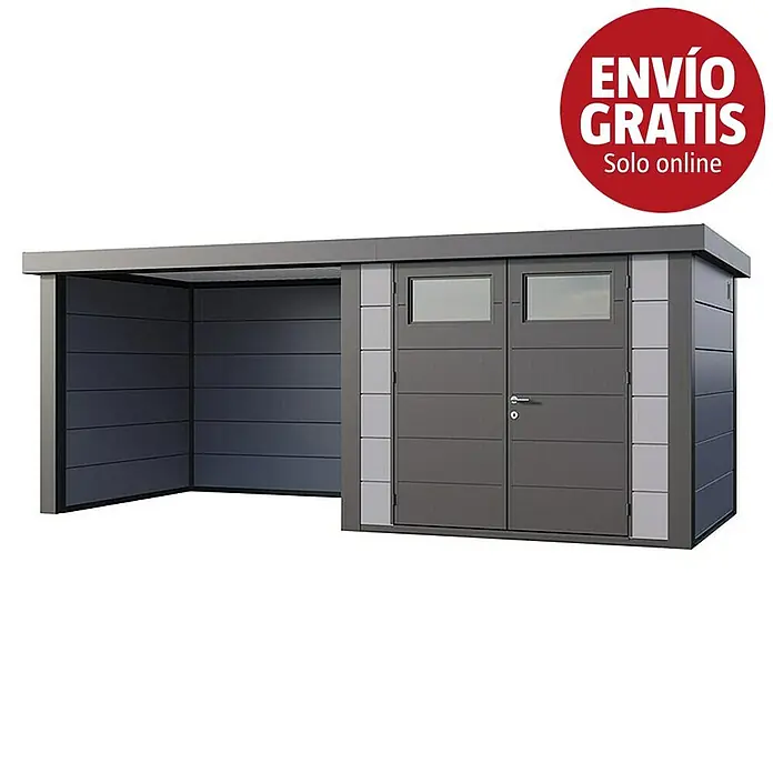 Telluria Caseta para jardín Classico 2724 con salón a la izquierda - Medidas ext. (An x Pr): 572 x 258 cm, Acero, Gris claro/Antracita, Sin set - Caseta de jardín moderna gris oscuro con cochera integrada y puertas dobles con ventanas.