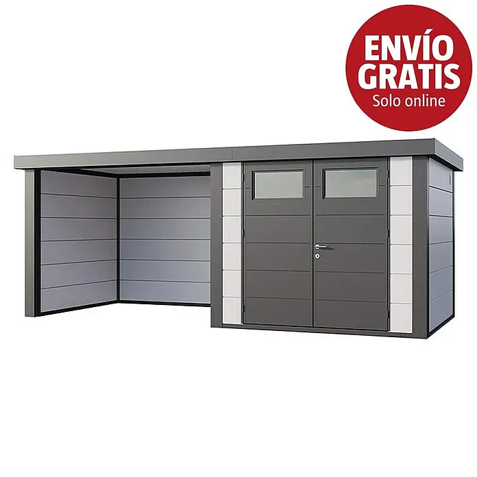 Telluria Caseta para jardín Classico 2724 con salón a la izquierda - Medidas ext. (An x Pr): 572 x 258 cm, Acero, Blanco/Antracita, Sin set - Cobertizo de jardín moderno de metal gris oscuro con puertas dobles, ventanas y carport abierto adjunto.