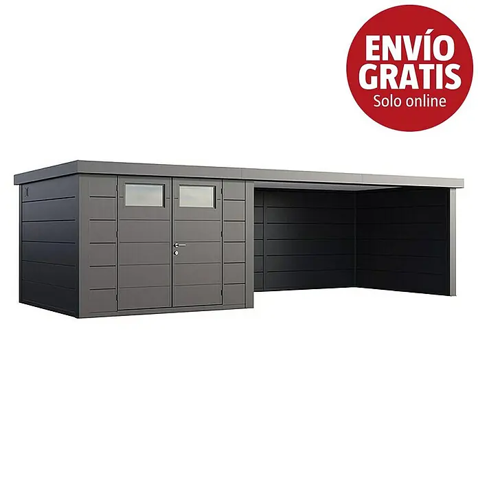 Telluria Caseta para jardín Classico 3330 con salón XL a la derecha - Medidas ext. (An x Pr): 812 x 318 cm, Acero, Antracita, Sin set - Cobertizo metálico gris oscuro con puertas dobles y ventanas, con cochera integrada.