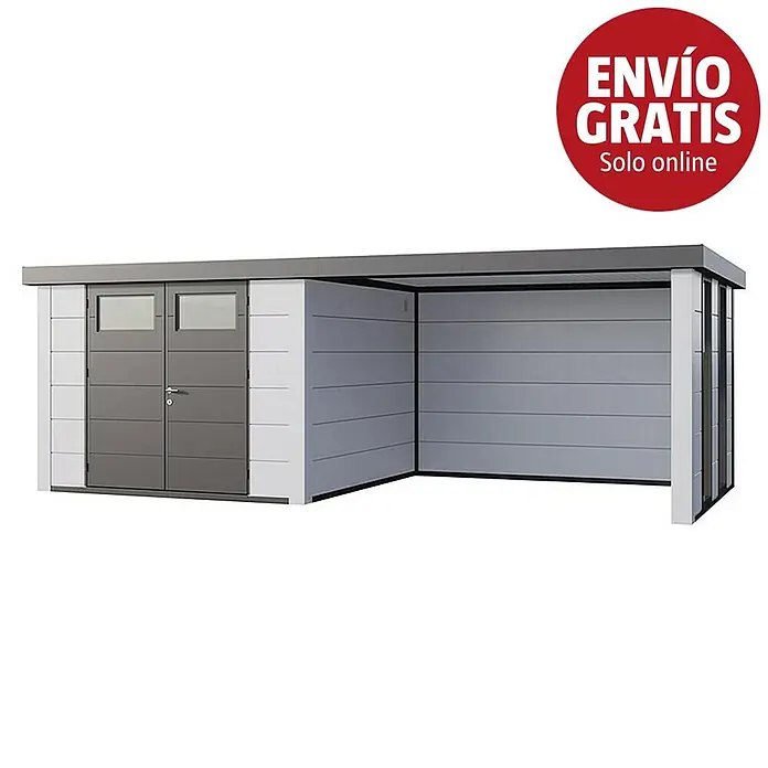 Telluria Caseta para jardín Classico 3330 con salón a la derecha y 2 ventanas - Medidas ext. (An x Pr): 692 x 318 cm, Acero, Blanco, Sin set - Cobertizo de jardín moderno de metal gris y blanco con puertas dobles y cochera integrada.