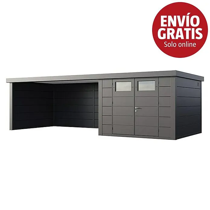 Telluria Caseta para jardín Classico 3330 con salón XL a la izquierda - Medidas ext. (An x Pr): 812 x 318 cm, Acero, Antracita, Sin set - Caseta metálica gris oscuro con garaje abierto integrado, con dos puertas con ventanas.