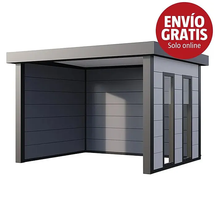 Telluria Pérgola estándar Singolo 3630 con ventanas - Medidas ext. (An x Pr): 388 x 328 cm, Acero, Blanco/Antracita, Sin set - Cochera o cobertizo gris moderno con frente abierto y panel lateral con tres ventanas verticales.