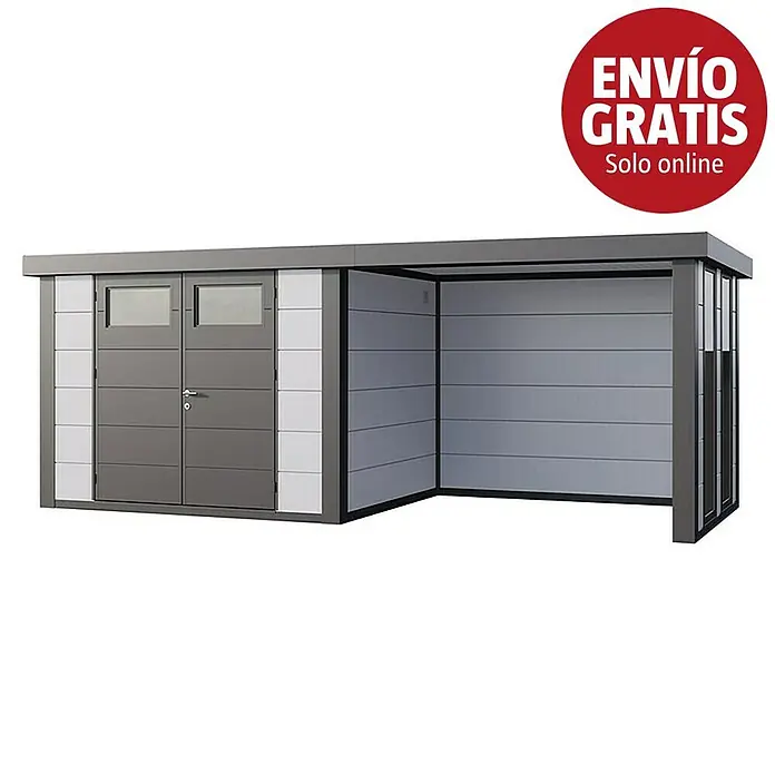 Telluria Caseta para jardín Classico 3024 con salón a la derecha y 2 ventanas - Medidas ext. (An x Pr): 602 x 258 cm, Acero, Blanco/Antracita, Sin set - Caseta de jardín moderna de metal gris y blanco con puertas dobles y ventanas, integrada con un carport abierto.