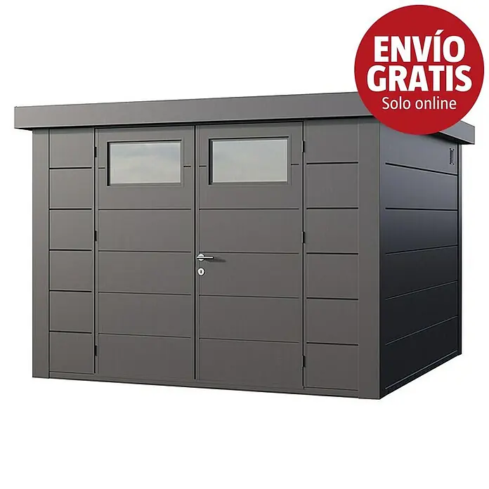 Telluria Caseta para jardín Classico 3030 - Medidas ext. (An x Pr): 318 x 318 cm, Acero, Antracita, Sin set - Caseta de jardín gris oscuro con doble puerta, dos ventanas y techo plano.