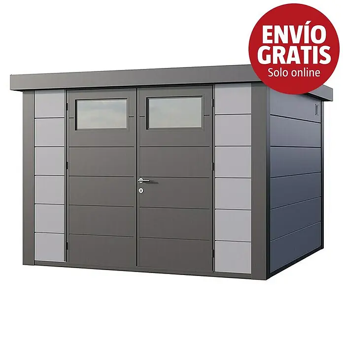 Telluria Caseta para jardín Classico 3030 - Medidas ext. (An x Pr): 318 x 318 cm, Acero, Gris claro/Antracita, Sin set - Caseta de jardín gris moderna con puertas dobles y ventanas.