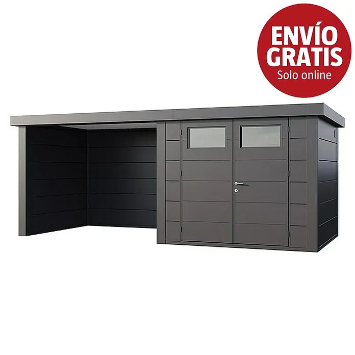 Telluria Caseta para jardín Classico 2724 con salón a la izquierda - Medidas ext. (An x Pr): 572 x 258 cm, Acero, Antracita, Sin set - Caseta metálica gris oscuro con dos puertas y ventanas, con extensión de garaje abierto integrada. Ideal para jardín y aparcamiento cubierto.