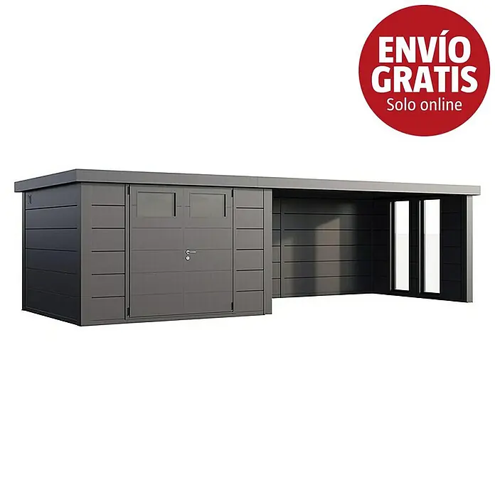 Telluria Caseta para jardín Classico 3330 con salón XL a la derecha y 2 ventanas - Medidas ext. (An x Pr): 812 x 318 cm, Acero, Antracita, Sin set - Caseta de jardín de metal gris oscuro con puertas dobles y ventanas, integrada con una estructura de cochera abierta.