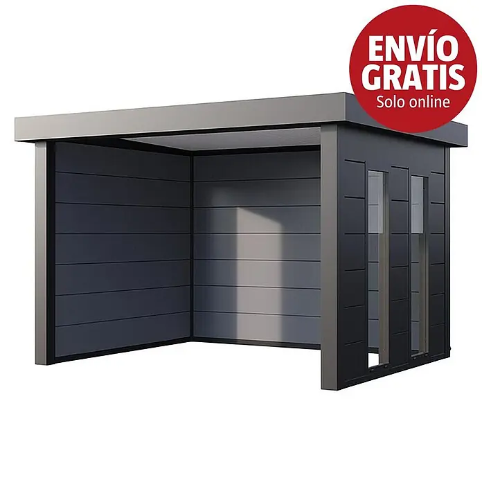 Telluria Pérgola estándar Singolo 3630 con ventanas - Medidas ext. (An x Pr): 388 x 328 cm, Acero, Antracita, Sin set - Cobertizo moderno gris oscuro con techo plano y paneles horizontales.