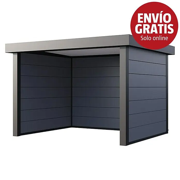 Telluria Pérgola estándar Singolo 3630 - Medidas ext. (An x Pr): 388 x 328 cm, Acero, Gris claro/Antracita, Sin set - Un moderno cobertizo gris oscuro con marco gris claro y frente abierto, ideal para almacenamiento o como marquesina.