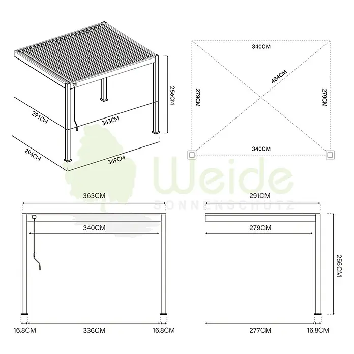 Deluxe Wand Pavillon Terrassenüberdachung Aluminium 3 x 3,6 M Weiß -  - Pergola mit detaillierten Maßen: Länge, Breite, Höhe und Stützenabstand in verschiedenen Ansichten.
