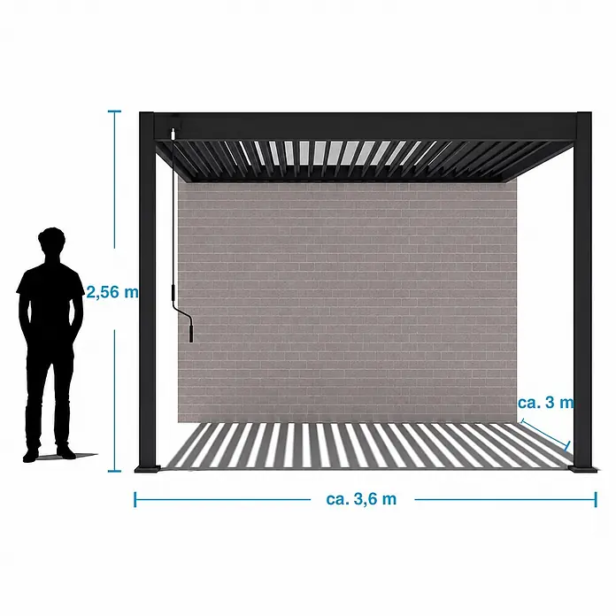 Deluxe Wand Pavillon Terrassenüberdachung Aluminium 3 x 3,6 M Weiß -  - Schwarze Alu-Pergola mit verstellbaren Lamellen, gezeigt mit ca. Maßen (2,56m H x ca. 3,6m B x ca. 3m T) u. Person zum Größenvergleich.