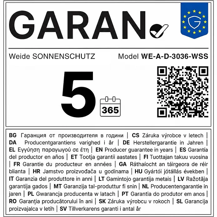 Deluxe Wand Pavillon Terrassenüberdachung Aluminium 3 x 3,6 M Weiß -  - Garantie-Etikett für GARAN Weide SONNENSCHUTZ Modell WE-A-D-3036-WSS, zeigt 5 Jahre Herstellergarantie.