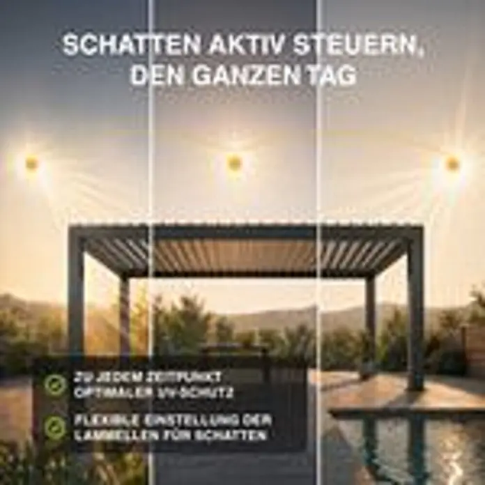 Deluxe freistehend Aluminium 3,6 x 5,3 m Anthrazit -  - Anthrazitfarbene Lamellen-Pergola am Pool, die verstellbare Lamellen zur Beschattung den ganzen Tag zeigt.