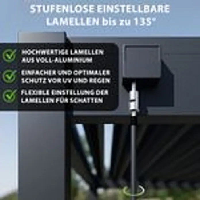 Deluxe für Wandmontage Aluminium 3 x 4 m Anthrazit -  - Dunkelgraue Pergola mit stufenlos verstellbaren Aluminiumlamellen für flexiblen Sonnen- und Regenschutz. Detailansicht der Verstellmechanik.
