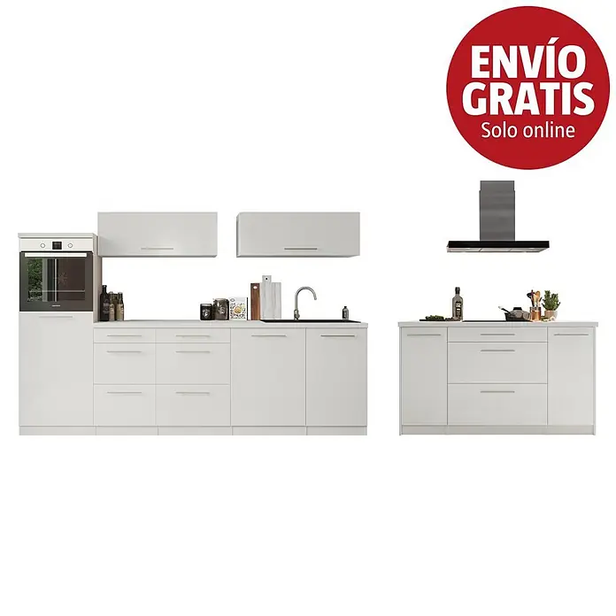 Respekta Premium Cocina de isla Amanda - Ancho: 280 cm, Blanco, Con electrodomésticos - Conjunto de cocina modular blanco con horno, fregadero, placa, campana extractora, varios armarios y el distintivo 'ENVÍO GRATIS Solo online'.