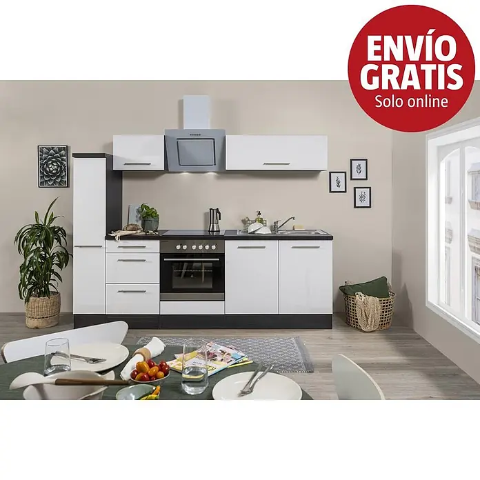 Respekta Premium Composición de cocina Amanda Alto - Ancho: 240 cm, Roble/Blanco, Con electrodomésticos - Mueble de cocina blanco con encimeras gris oscuro, columna, horno, placa, fregadero y campana extractora integrados, en ambiente moderno.