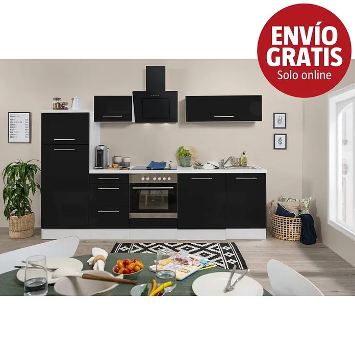Respekta Premium Composición de cocina Amanda Alto - Ancho: 280 cm, Blanco/Negro, Con electrodomésticos - Mueble de cocina moderno en blanco y negro con horno, placa, fregadero y campana extractora, mostrado en un ambiente de cocina.