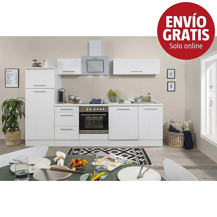 Respekta Premium Composición de cocina Amanda Alto - Ancho: 280 cm, Blanco, Con electrodomésticos - Cocina blanca completa con armarios altos, muebles superiores, horno integrado y fregadero en un ambiente moderno.