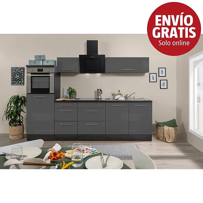 Respekta Premium Composición de cocina Amanda - Ancho: 270 cm, Roble/Gris, Con electrodomésticos - Mueble de cocina gris moderno con horno, vitrocerámica y fregadero, en un ambiente de comedor.