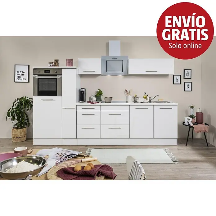 Respekta Premium Composición de cocina Amanda - Ancho: 300 cm, Blanco, Con electrodomésticos - Cocina blanca con horno integrado, placa, fregadero y campana extractora, con armarios y cajones de almacenamiento.
