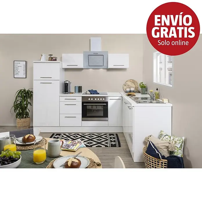 Respekta Premium Cocina esquinera Amanda - An x Pr: 260 x 60 cm, Blanco, Con electrodomésticos - Moderna cocina blanca en L con frentes brillantes, electrodomésticos integrados y zona de comedor, con mueble alto, placa, horno y fregadero.