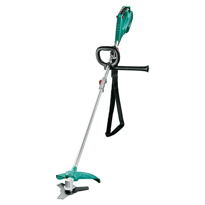 Bosch Desbrozadora de disco eléctrica AFS 23-37 - 1.000 W, Ancho de corte hilo: 37 cm, Ancho de corte cuchilla: 23 cm - Imagen de un cortacésped inalámbrico con hoja de metal y carcasa verde.