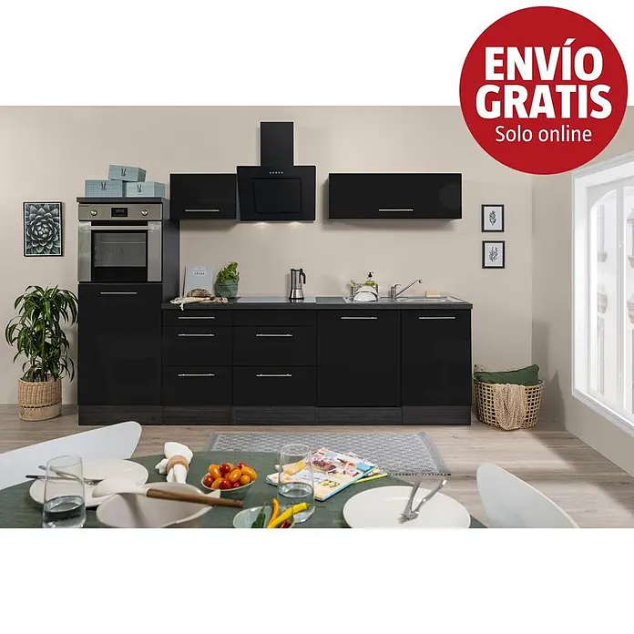 Respekta Premium Composición de cocina Amanda - Ancho: 280 cm, Roble/Negro, Con electrodomésticos - Conjunto de muebles de cocina modernos negros con armarios brillantes, horno, placa y fregadero integrados.