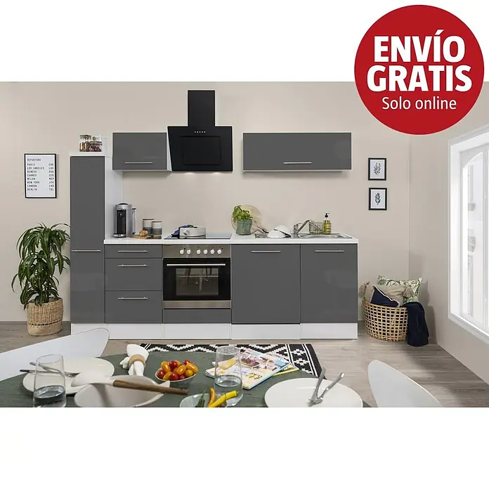 Respekta Premium Composición de cocina Amanda Alto - Ancho: 250 cm, Blanco/Gris, Con electrodomésticos - Cocina moderna gris brillante con horno, placa, fregadero y armarios de almacenaje.