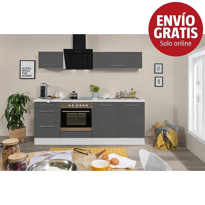 Respekta Premium Composición de cocina Amanda - Ancho: 210 cm, Blanco/Gris, Con electrodomésticos - Un conjunto de cocina moderno con gabinetes grises brillantes, encimera blanca, campana negra y horno/placa de acero inoxidable, incluyendo módulos superiores e inferiores.