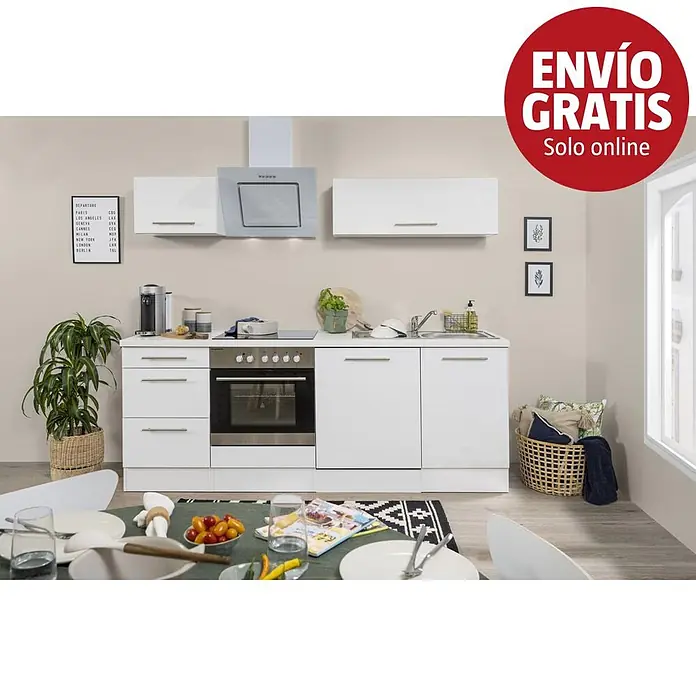 Respekta Premium Composición de cocina Amanda - Ancho: 220 cm, Blanco, Con electrodomésticos - Una cocina moderna blanca con horno, placa de cocción y fregadero integrados, ubicada en un entorno de cocina contemporáneo.