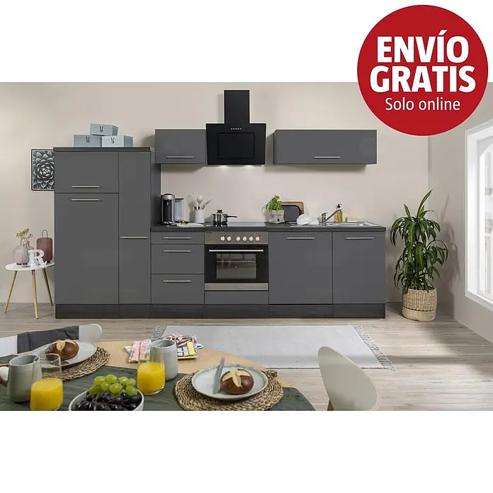 Respekta Premium Composición de cocina Amanda Alto - Ancho: 310 cm, Roble/Gris, Con electrodomésticos - Un conjunto de cocina moderno gris oscuro con gabinetes brillantes, horno, placa y fregadero, mostrado en un ambiente de cocina.