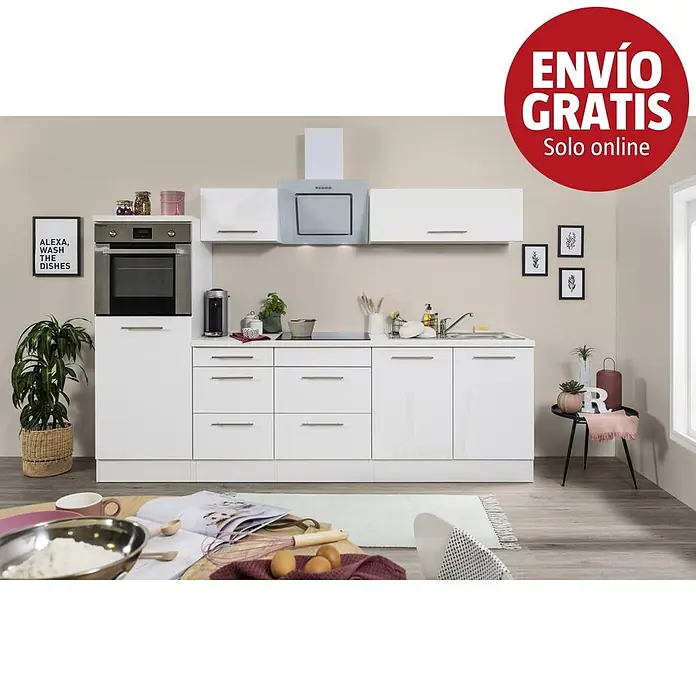 Respekta Premium Composición de cocina Amanda - Ancho: 270 cm, Blanco, Con electrodomésticos - Mueble de cocina blanco de alto brillo con horno, campana y fregadero integrados, mostrado en un entorno de cocina moderno.