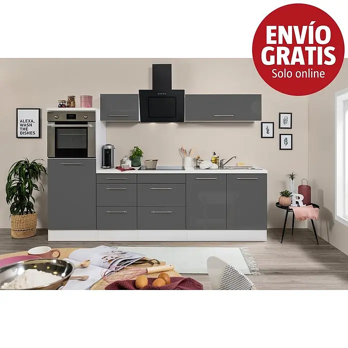 Respekta Premium Composición de cocina Amanda - Ancho: 270 cm, Blanco/Gris, Con electrodomésticos - Muebles de cocina modernos gris brillante con horno, placa, fregadero y campana extractora en una cocina completa.
