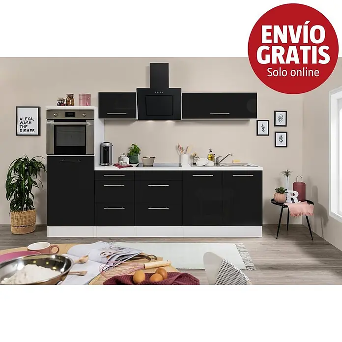 Respekta Premium Composición de cocina Amanda - Ancho: 270 cm, Blanco/Negro, Con electrodomésticos - Moderna cocina con elegantes gabinetes negros, encimeras blancas y horno y campana extractora integrados, en un hogar contemporáneo.