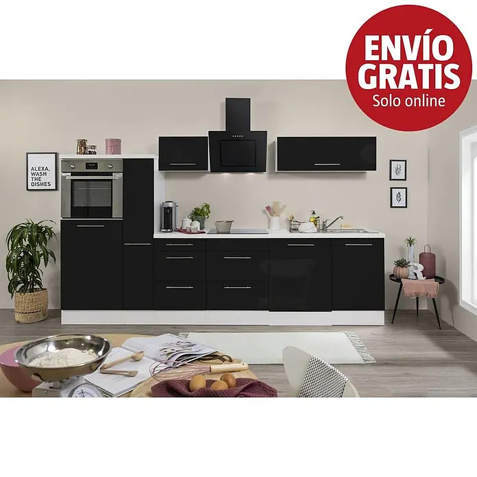 Respekta Premium Composición de cocina Amanda - Ancho: 310 cm, Blanco/Negro, Con electrodomésticos - Mueble de cocina moderno negro brillo con encimeras blancas, horno integrado y campana extractora, en una cocina contemporánea.