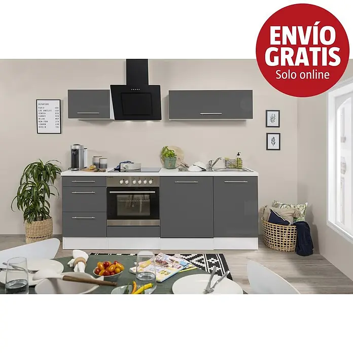 Respekta Premium Composición de cocina Amanda - Ancho: 220 cm, Gris, Con electrodomésticos - Cocina compacta moderna gris brillante con encimera blanca, horno integrado, placa, fregadero y campana extractora negra en una habitación.