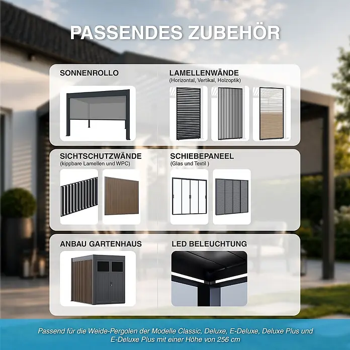 Classic Aluminium freistehend  4 x 6 M Weiß -  - Übersicht passender Pergola-Zubehörteile: Sonnenrollo, Lamellenwände, Sichtschutzwände, Schiebepaneele, Gartenhaus, LED-Beleuchtung. Kompatibel mit Weide-Pergolen.