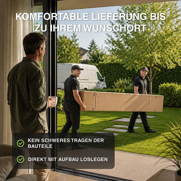 Deluxe Plus freistehend 4 x 6 m Anthrazit Aluminium -  - Lieferanten tragen ein großes Paket ins Haus, was eine bequeme Lieferung ohne schweres Heben für den Kunden betont.